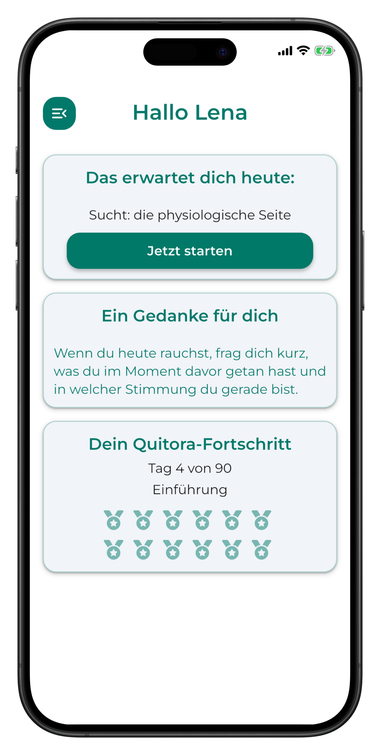 Quitora App Dashboard mit Rauchfrei-Tracker und Tagesimpuls