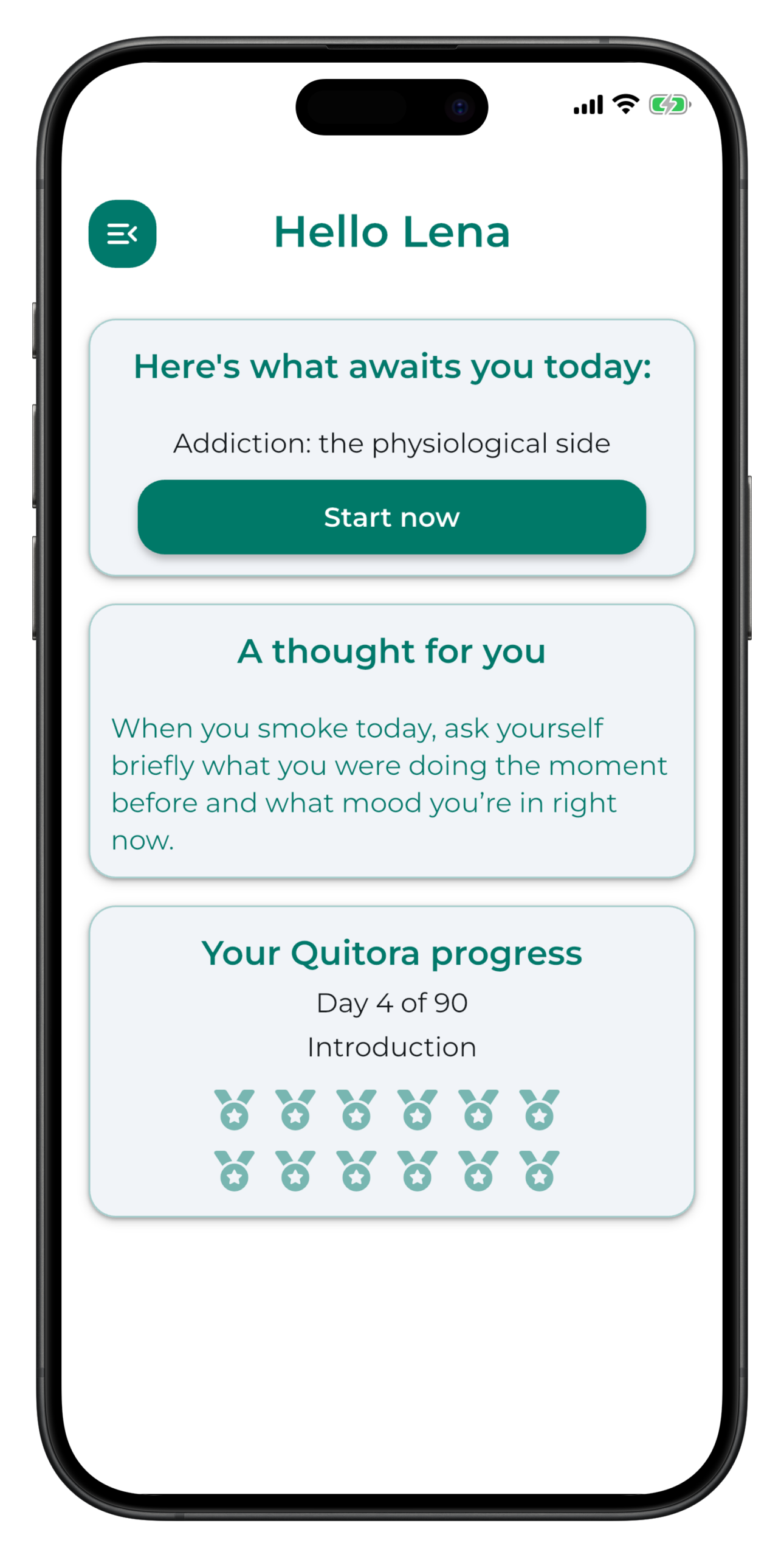 Quitora App Dashboard mit Rauchfrei-Tracker und Tagesimpuls
