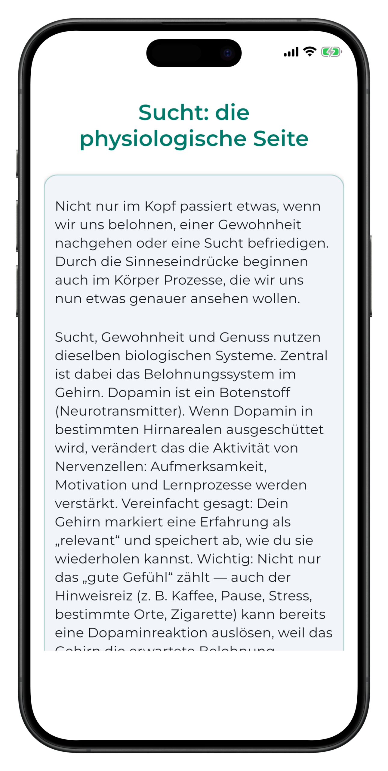 Quitora App — Screen mit der täglichen Lesson zur Reflexion des Rauchverhaltens