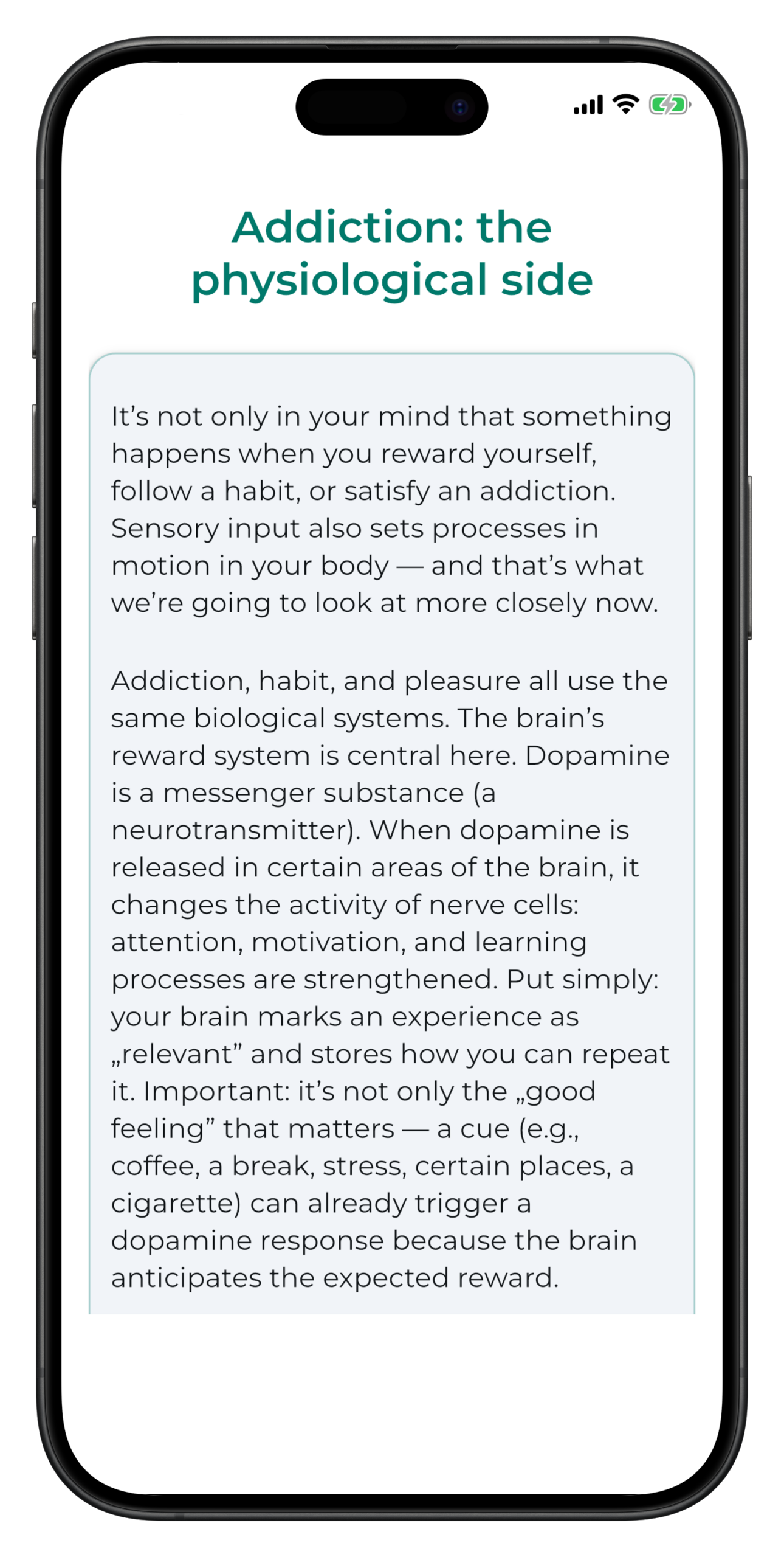 Quitora App — Screen mit der täglichen Lesson zur Reflexion des Rauchverhaltens